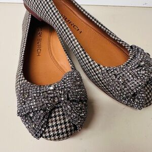 Tory Burch Black and White Houndstooth Flats with Bow